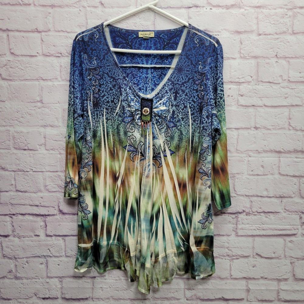 One World Beaded Tunic Blouse 2XL Tie Dye Paisley Flowy Boho Hippie Festival Y2K